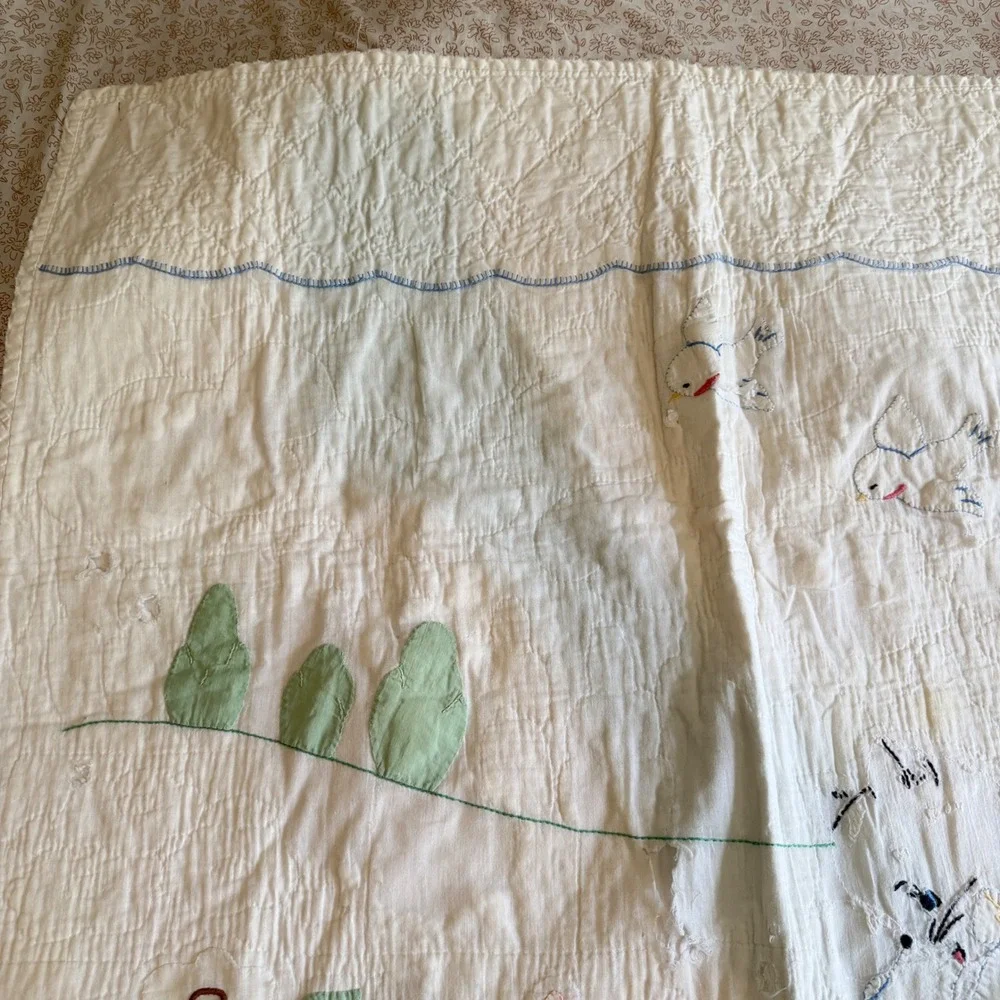 Vintage Hand Embroidered Baby Quilt White Cotton Kittens Birds Floral 54x36